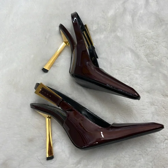SAINT LAURENT Lee embellished patent-leather slingback pumps Color: Burgundy - Picture 7 of 13